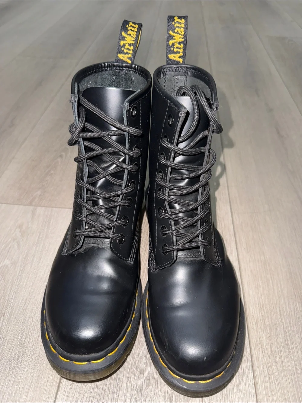 Dr. Martens Black Leather 8-Eye Lace-Up Boots with Yellow Stitching